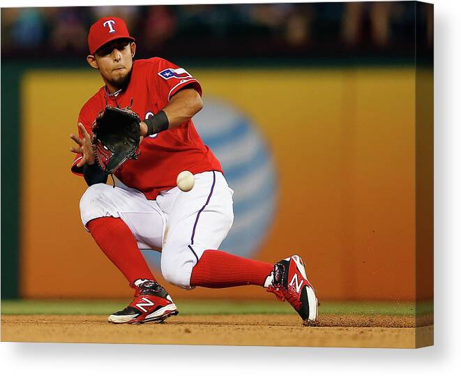 American League Baseball Canvas Print featuring the photograph George Springer and Rougned Odor by Tom Pennington