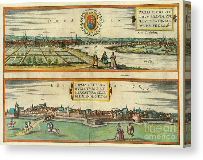1572 Canvas Print featuring the digital art Germany - View Of Dresden And Leipzig, 1572 by Georg Braun and Franz Hogenberg
