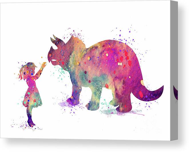 Dinosaur Canvas Print featuring the digital art Girl and Dinosaur Triceratops Watercolor by White Lotus