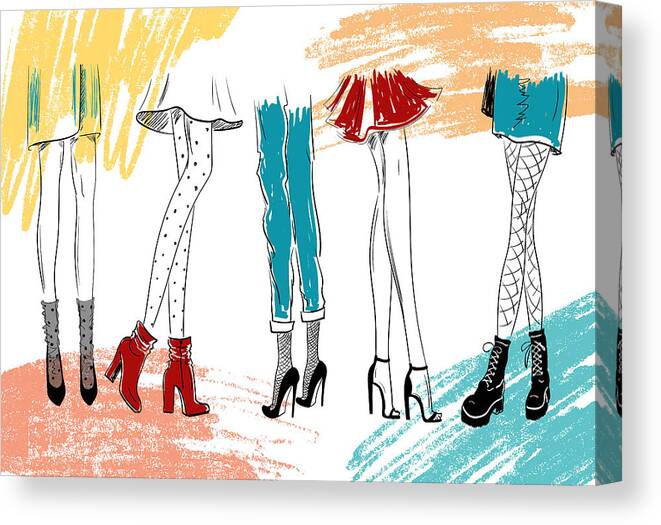 Happy Canvas Print featuring the drawing Hand Drawn Fashion Sketch Of Women Legs In Boots Sandals Shoes, Girls Sexy Legs LineArt, Minimal Art by Mounir Khalfouf