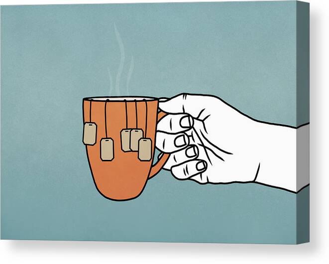 Working Canvas Print featuring the drawing Hand holding mug with many tea bags by Malte Mueller