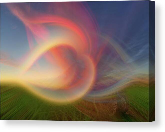 Abstract Canvas Print featuring the photograph Haybale Dreamscape - Abstract Alfalfa Bale at ND sunset by Peter Herman