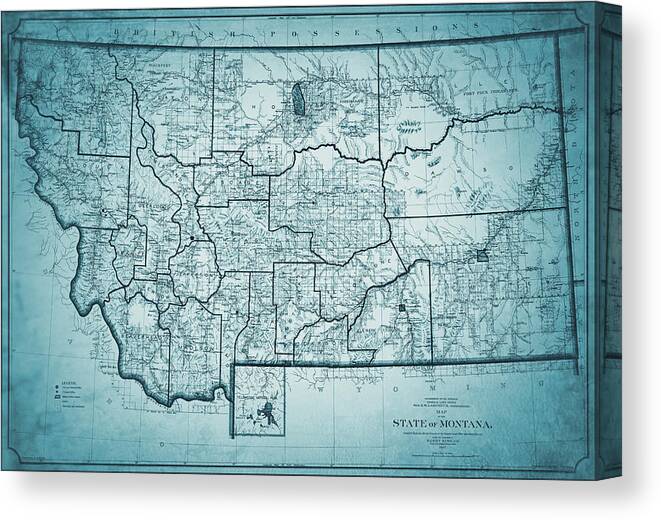 Montana Canvas Print featuring the photograph Historical Map State of Montana 1897 Cool Blue by Carol Japp