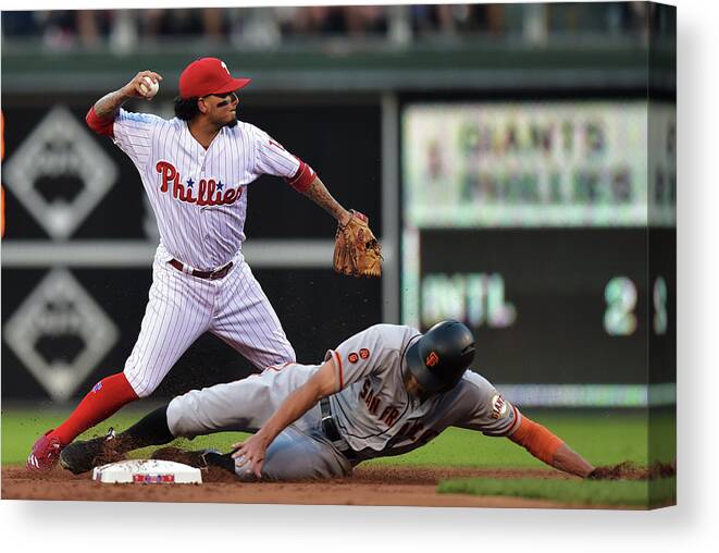 Double Play Canvas Print featuring the photograph Hunter Pence and Freddy Galvis by Drew Hallowell
