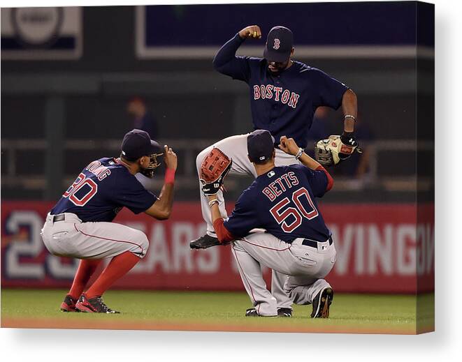 People Canvas Print featuring the photograph Jackie Bradley, Chris Young, and Mookie Betts by Hannah Foslien