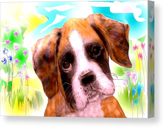 Pencil Sketched Boxer Puppy Resting After A Romp In The Meadow. Canvas Print featuring the mixed media Just another Blossom. by Pamela Calhoun