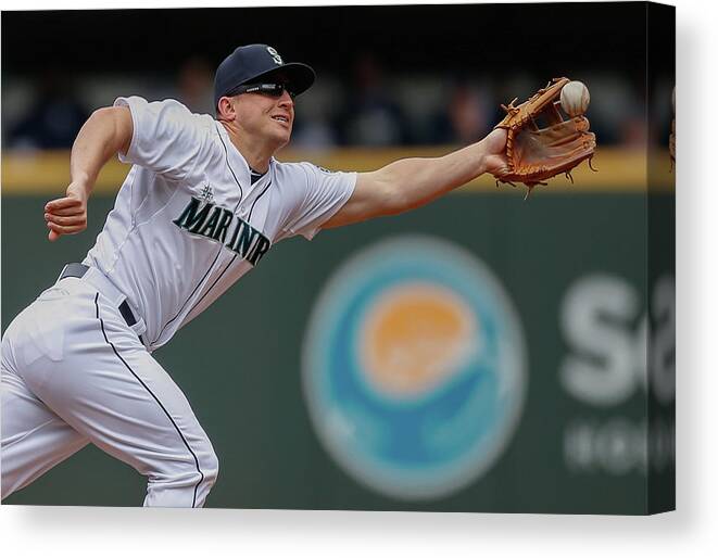 American League Baseball Canvas Print featuring the photograph Kyle Seager and Chris Denorfia by Otto Greule Jr