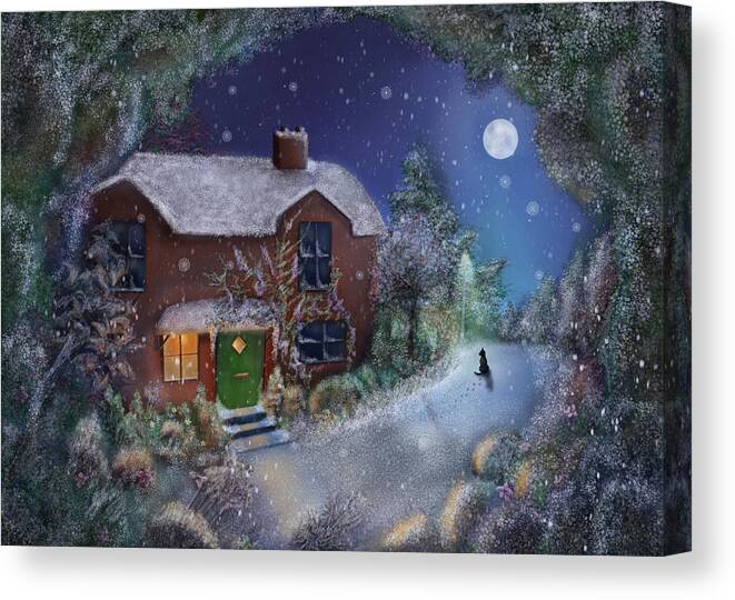 A Cosy Country Cottage Nestles In Amongst The Tree As The Snow Gently Drifts Down Coating All Insight With A Magical Canvas Print featuring the painting Let it Snow by Rachel Emmett