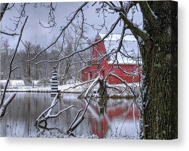 Barn Canvas Print featuring the photograph Lighthouse and Red Barn by Douglas Barnett