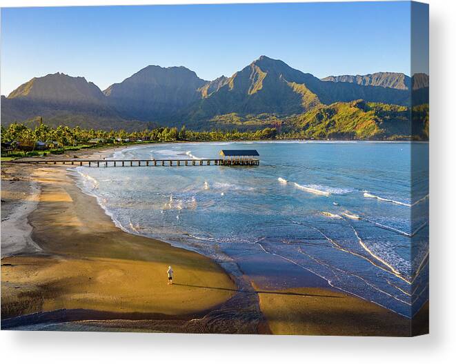 Aerial Canvas Print featuring the photograph Lone man on the sand of Hanalei beach on the nor by Steven Heap