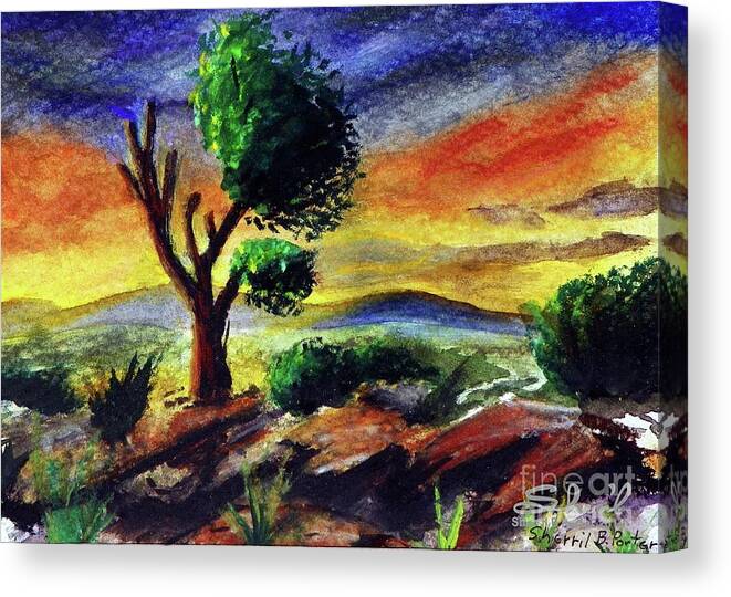 Sherril Porter Canvas Print featuring the painting Lone Tree at Sunset by Sherril Porter