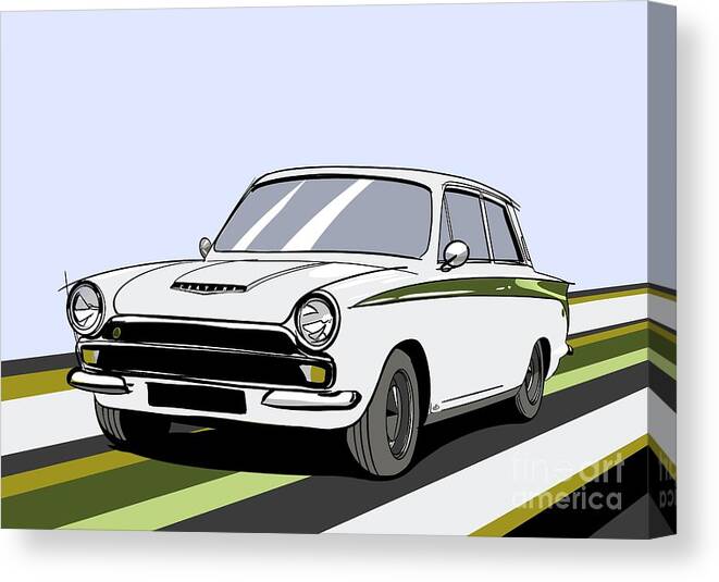 Sports Car Canvas Print featuring the digital art Lotus Cortina Classic British Sports Racing Touring Car - Vector Back Version by Moospeed Art