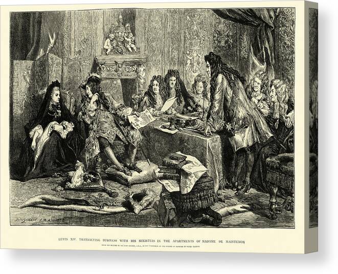 Engraving Canvas Print featuring the drawing Louis XIV of France transacting business with his ministers by Duncan1890