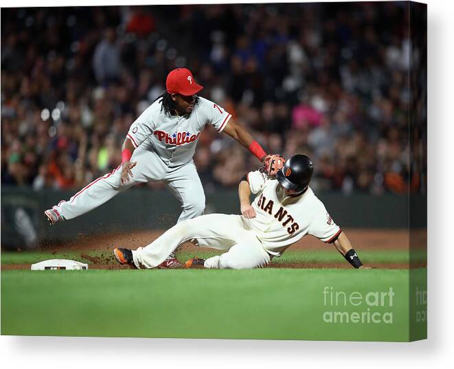 San Francisco Canvas Print featuring the photograph Maikel Franco and Buster Posey by Ezra Shaw
