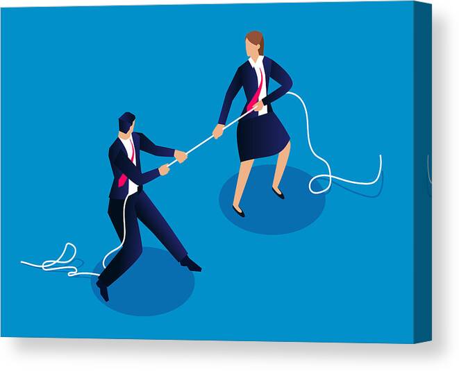 Problems Canvas Print featuring the drawing Male businessmen and businesswomen tug of war, competition between men and women by Sesame