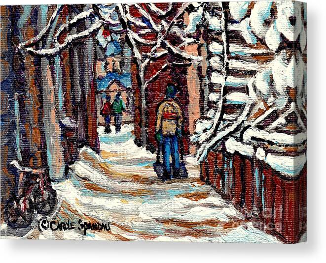 Montreal Canvas Print featuring the painting Mcgill University Winter Walk Snowy Staircase Steps Best Montreal Streetscene Painting C Spandau Art by Carole Spandau