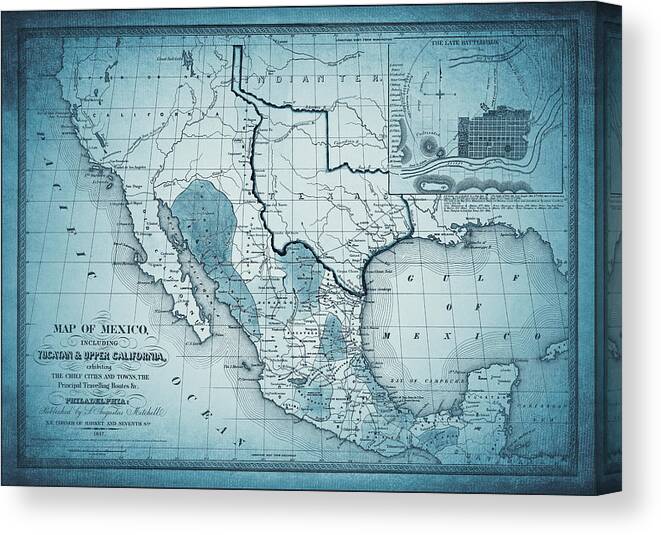 Mexico Canvas Print featuring the photograph Mexico Vintage Map 1847 Ocean Blue by Carol Japp