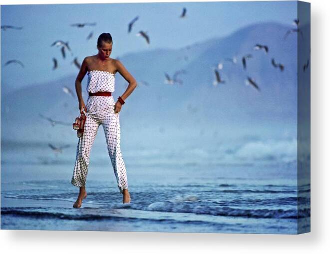 Fashion Canvas Print featuring the photograph Model in a Strapless Pajama Ensemble by Jacques Malignon