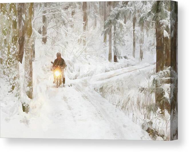 Nagano Canvas Print featuring the photograph Motorbike in the Snow Painterly by Joan Carroll