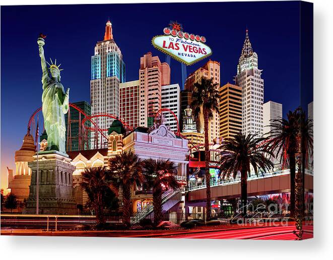 Post Card Canvas Print featuring the photograph New York New York Casino at Dusk Post Card by Aloha Art