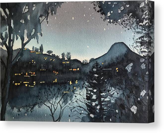 Night Canvas Print featuring the painting Night time at the Lake by Luisa Millicent