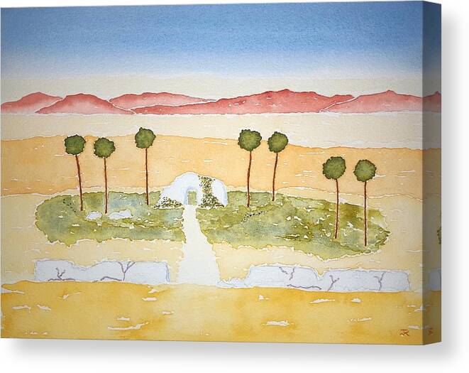 Watercolor Canvas Print featuring the painting Oasis of Lore by John Klobucher