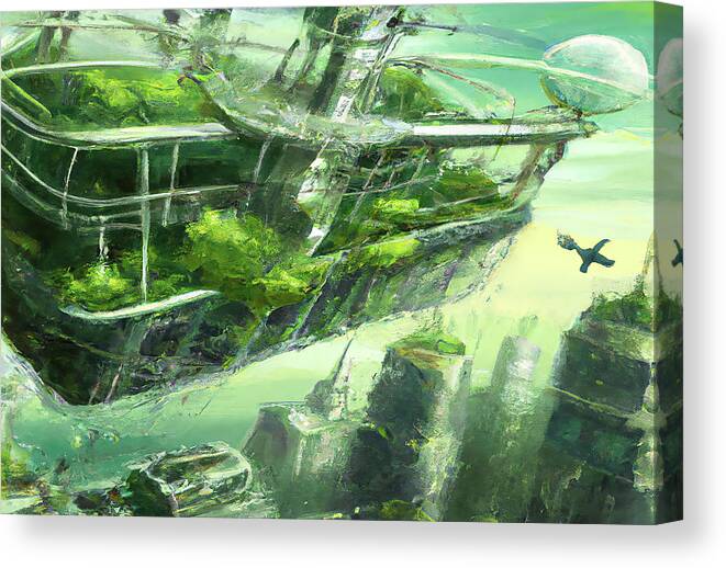Space City Canvas Print featuring the digital art Organic Green Futuristic City by Cathy Anderson