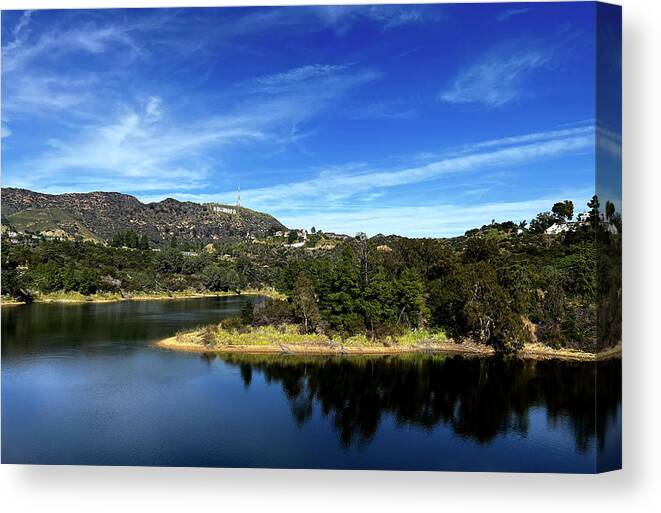 Hollywood Canvas Print featuring the photograph Past the Lake is the Hollywood Sign by Lorraine Devon Wilke