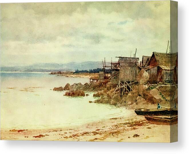 Pescadera Canvas Print featuring the painting Pescadera, Chinese fishing village in Monterey Bay, California 1914 by Sutton Palmer