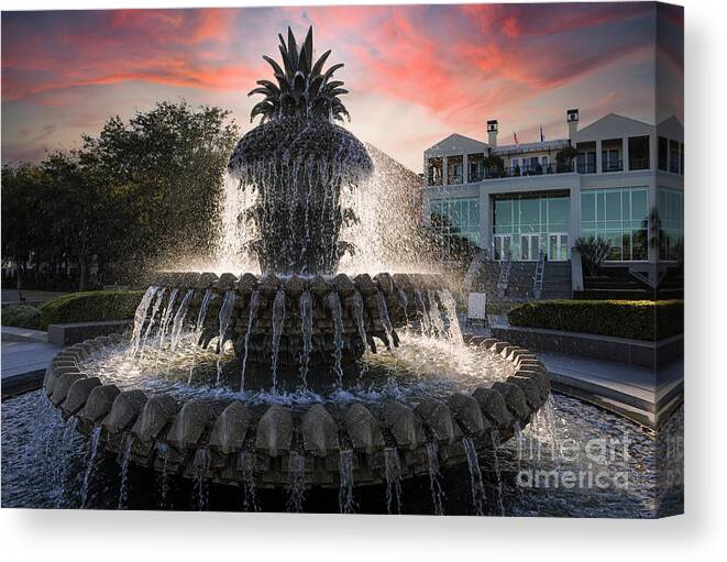 Pineapple Fountain Canvas Print featuring the photograph Pineapple Fountain Sunset - Charleston South Carolina by Dale Powell