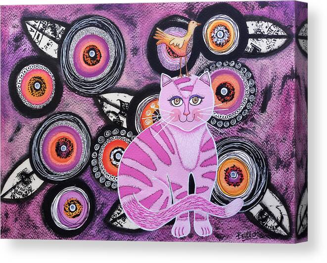 Cat Canvas Print featuring the painting Pink kitten with flowers by Graciela Bello