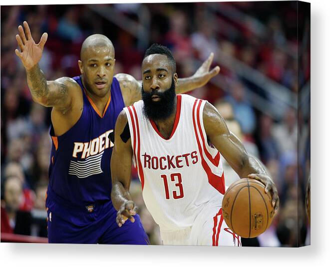 Nba Pro Basketball Canvas Print featuring the photograph P.j. Tucker and James Harden by Scott Halleran