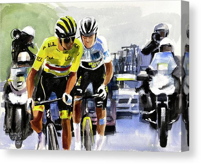 Le Tour De France Canvas Print featuring the painting Pogacar Vingegaard, Stage 17 TDF2021 by Shirley Peters