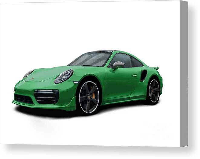 Hand Drawn Canvas Print featuring the digital art Porsche 911 991 Turbo S Digitally Drawn - Green by Moospeed Art