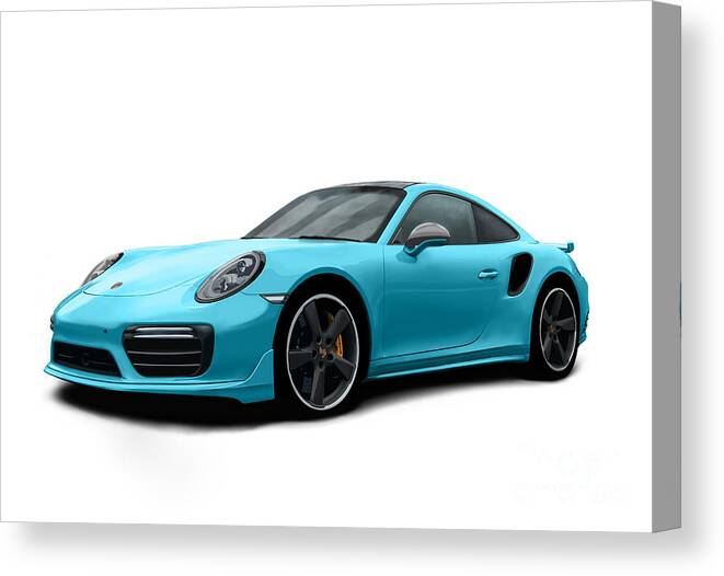 Hand Drawn Canvas Print featuring the digital art Porsche 911 991 Turbo S Digitally Drawn - Light Blue by Moospeed Art