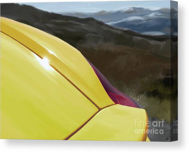 Hand Drawn Canvas Print featuring the digital art Porsche Boxster 981 Curves Digital Oil Painting - Racing Yellow by Moospeed Art