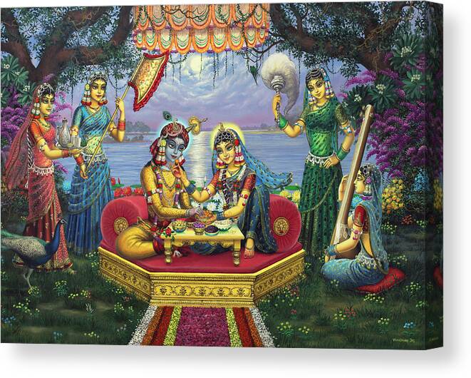 Krishna Canvas Print featuring the painting Radha Krishna Bhojan Lila by Vrindavan Das