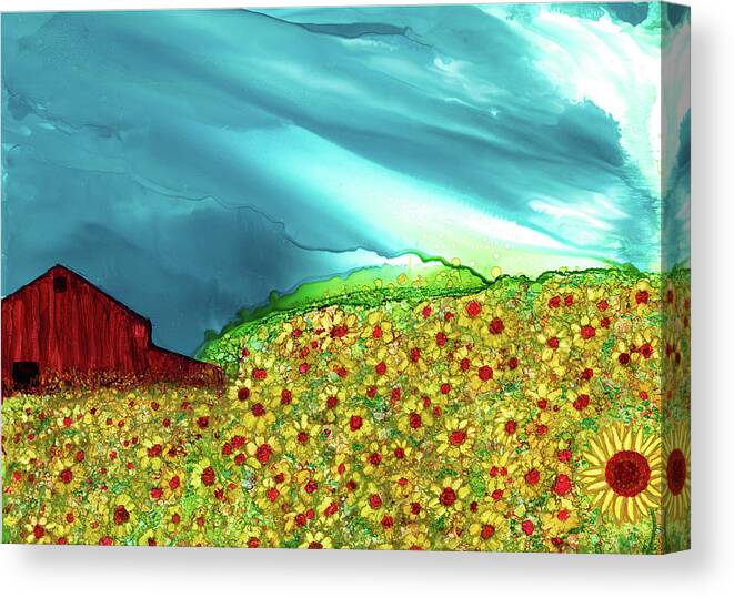 Sunflowers Canvas Print featuring the painting Red Barn by Kimberly Deene Langlois