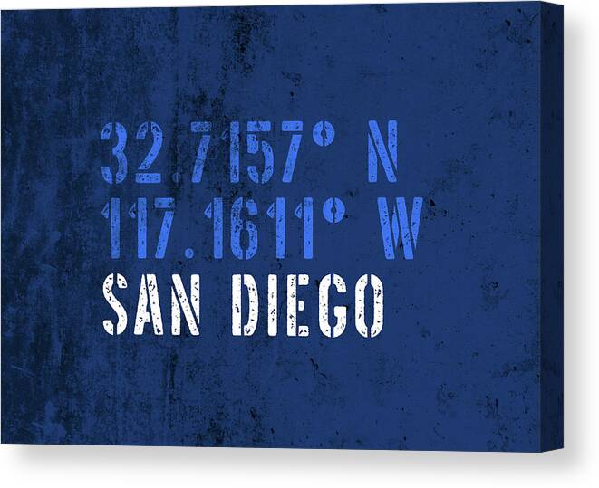 San Diego Canvas Print featuring the mixed media San Diego California City Coordinates Grunge Distressed Vintage Typography by Design Turnpike