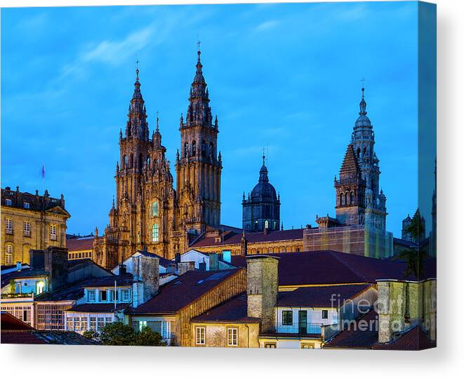 Way Canvas Print featuring the photograph Santiago de Compostela Cathedral Spectacular View by Night and Tiled Roofs La Coruna Galicia by Pablo Avanzini