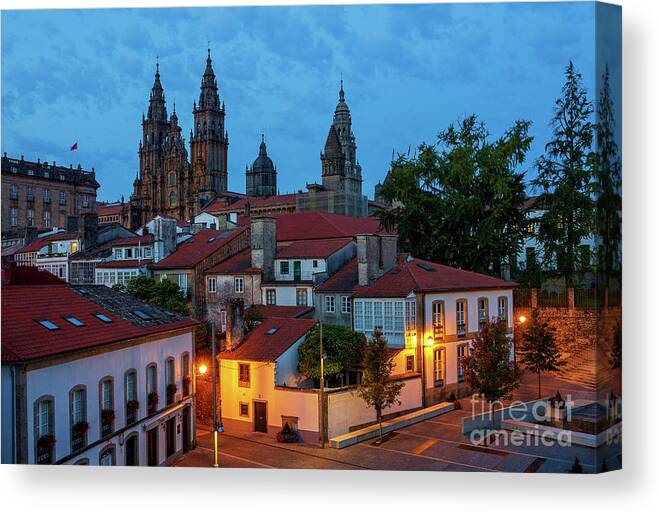 Way Canvas Print featuring the photograph Santiago de Compostela Cathedral Spectacular View by Night Dusk with Street Lights and Tiled Roofs La Corua Galicia by Pablo Avanzini