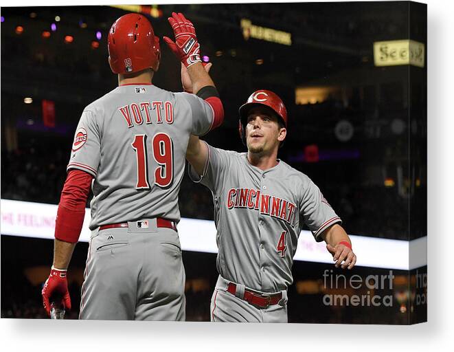San Francisco Canvas Print featuring the photograph Scooter Gennett and Joey Votto by Thearon W. Henderson