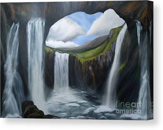Space Canvas Print featuring the painting Seljalandsfoss Painting space value water waterfall iceland cave contrast seljalandsfoss visual texture mist movement nature beautiful environment forest green landscape mountain nature outdoor park by N Akkash