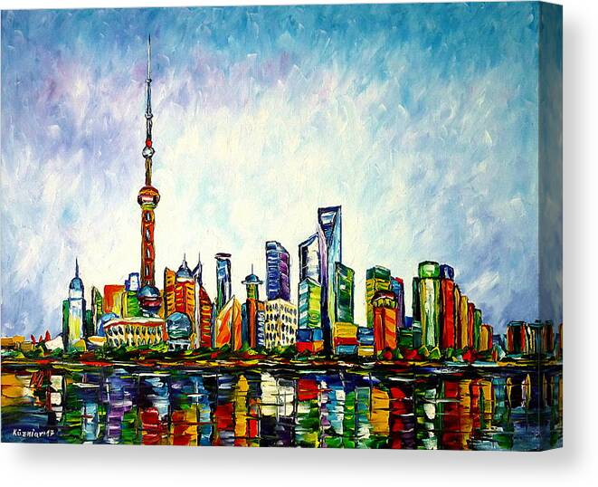 Shanghai Painting Canvas Print featuring the painting Shanghai, Skyline by Mirek Kuzniar
