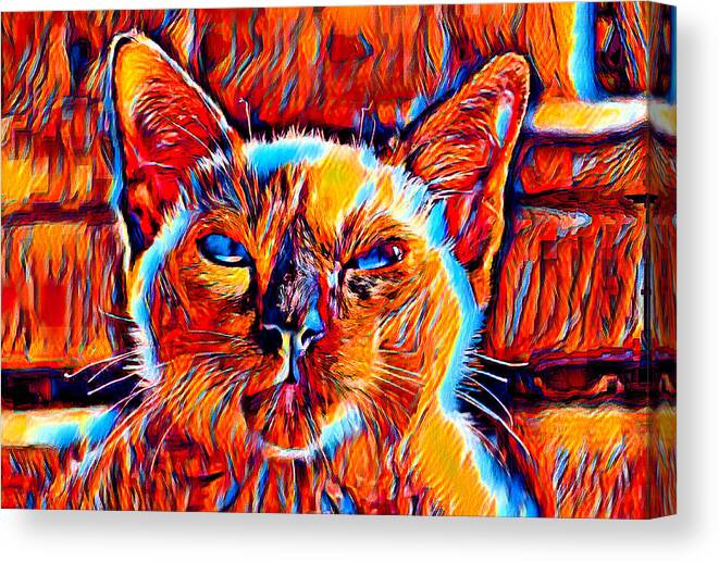 Siamese Cat Canvas Print featuring the digital art Siamese cat face in the sun - colorful dark orange, red and cyan by Nicko Prints