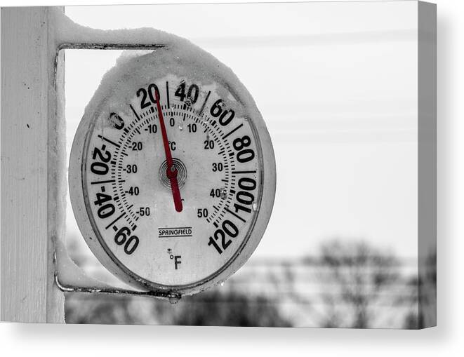 Thermometer Canvas Print featuring the photograph Snow Covered Thermometer by Cathy Kovarik