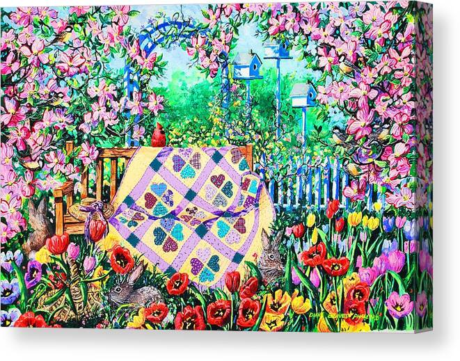 Garden Bench Canvas Print featuring the painting Springtime Hearts and Flowers by Diane Phalen