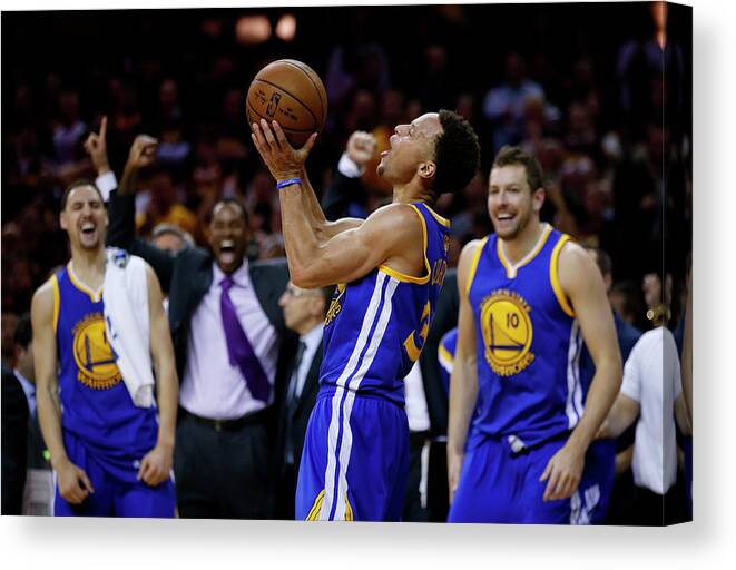 Playoffs Canvas Print featuring the photograph Stephen Curry, Festus Ezeli, and David Lee by Ezra Shaw