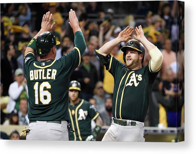 People Canvas Print featuring the photograph Stephen Vogt and Billy Butler by Denis Poroy