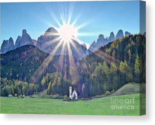 Sunrise Sun Rays Glory Black Mountains Powerful Striking Sunlight Sky Dramatic Beautiful Stunning Magnificent Exciting Landscape Contemporary Serenity Inspirational Serene Stylish Magic Poetic Exceptional Singular Electric Stimulating Thrilling Atmospheric Aesthetic Attractive Radiant Expressive Expression Alluring Scenic Sensational Appealing Brilliant Captivating Fascinating Glamorous Glorious Spectacular Splendid Simplicity Solo Solitary Evocative White Church Vivid Color Dolomites Italy Alps Canvas Print featuring the photograph Sunrise glory NEW DAY IS RISING DolomItes Italy, St Johann Church, Val di Funes by Tatiana Bogracheva